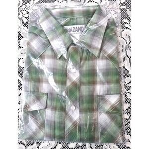 Haband Shirt Men's M Green Plaid Pearl Snap Short Sleeve Western Pockets New